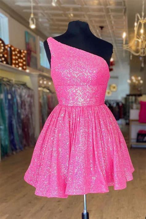 Hot Pink One Shoulder A Line Short Homecoming Dress Sequins Cute