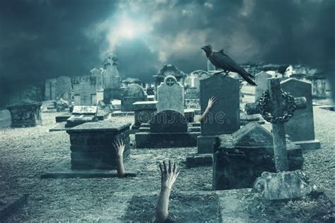 Zombie Hand Rising Out Of Grave Stock Photo Image Of Gravestone Moon