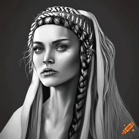 Black And White Portrait Of Ancient Slavic Women With Long Dark Hair On