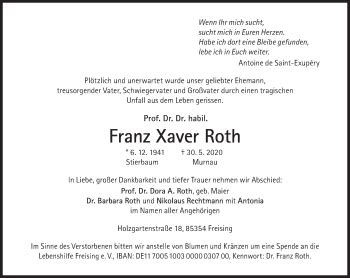 Traueranzeigen Von Franz Xaver Roth Sz Gedenken De