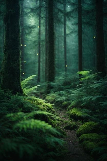 Premium Photo | Hiking trail in a dark green forest at night vertical image