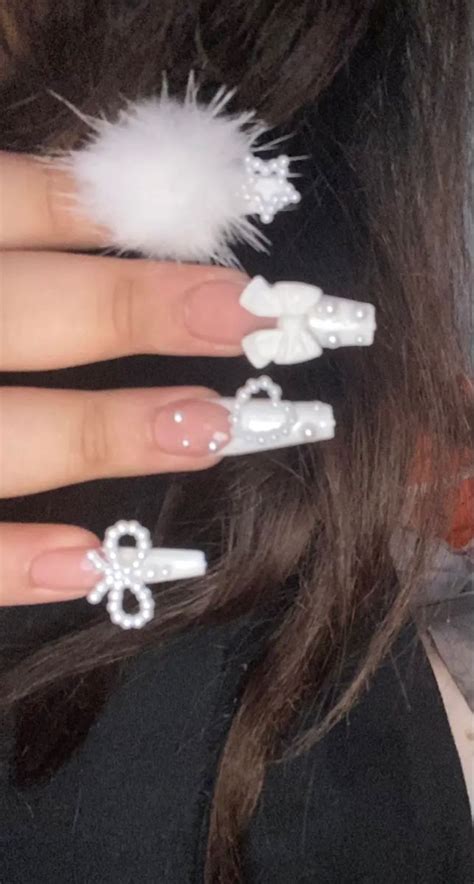 Cute Nails With Bow Clear And Pom Pom