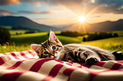 Premium Ai Image Cute Kitten With Striped Fur Sleeping On Blanket