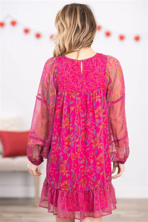 Hot Pink Multicolor Floral Long Sleeve Dress · Filly Flair