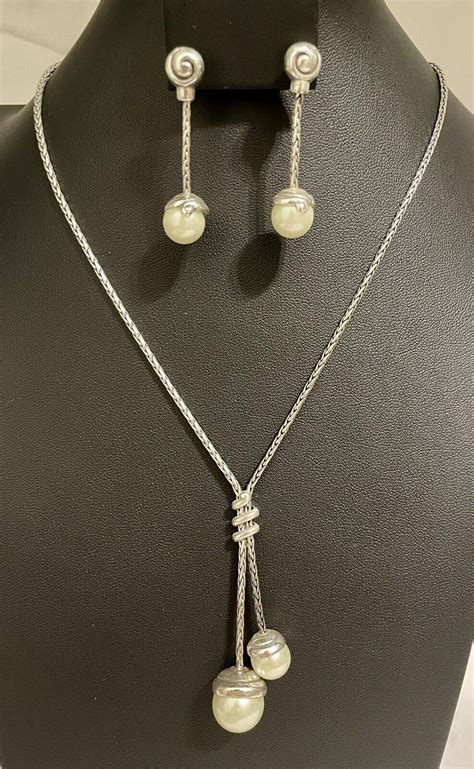 Brighton Twist Silver W White Faux Pearls Lariat Necklace And Matching Ear Rings Ebay