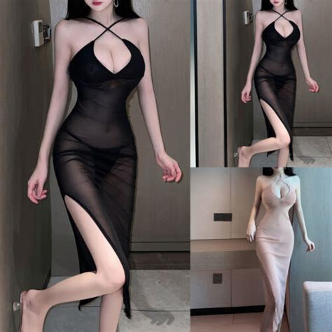 Womens Sexy Sheer Mesh V Neck High Side Slit Lingerie Long Slip Dress