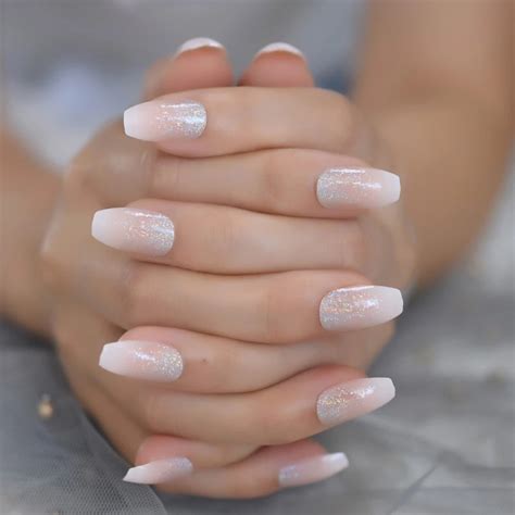 Ombre French Glitter Coffin Nails Fake Nail Store Nude Nails