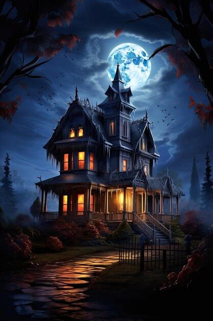 Premium AI Image | Spooky halloween mansion background in the dark with full moon