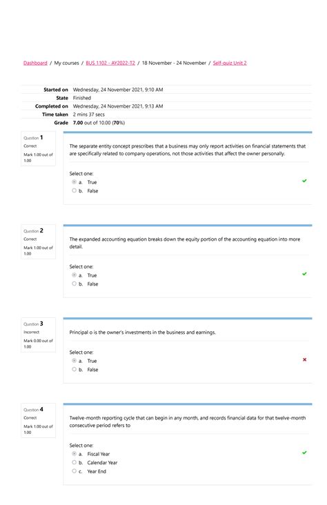 Bus Self Quiz Unit Attempt Review Question Correct Mark