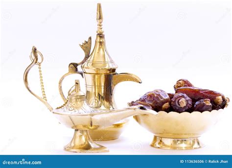 Arabic Traditional Dishes Pots And Dates Fruits Holidays Decoration Ramadan Kareem Stock