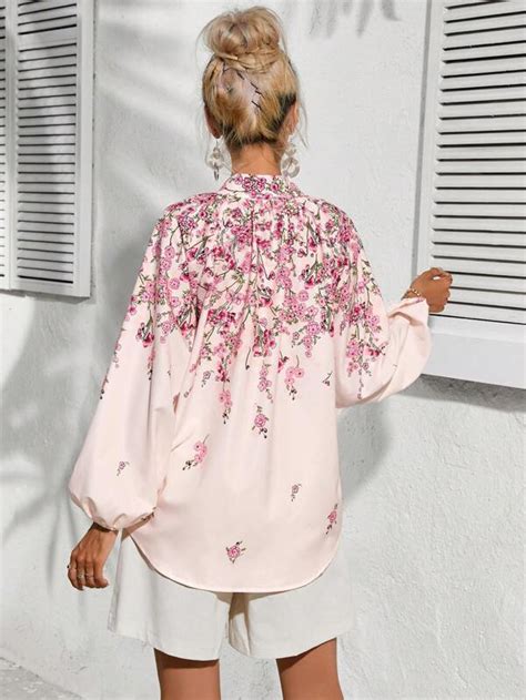 Shein Vcay Blusa Con Estampado Floral De Cuello Alto De Manga Farol