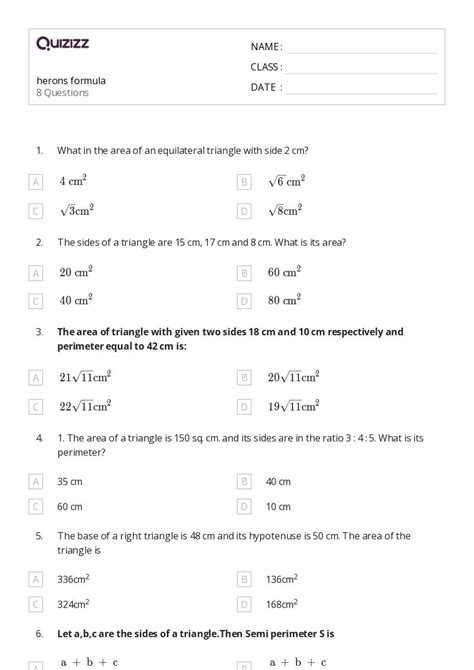 50 Herons Formula Worksheets For 9th Class On Quizizz Free And Printable