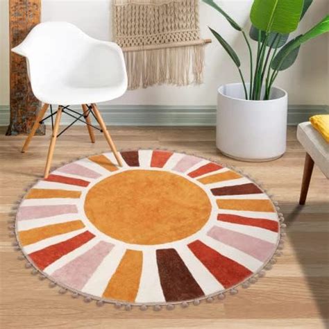 KIMODE Tapis rond rétro avec pompons et franges colorés de style bohème