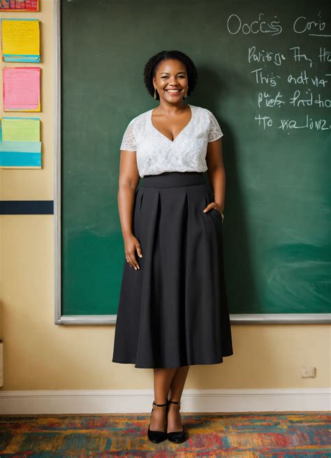 Lexica Black Teacher Smiling Next To Black Board Wearing Floor Length