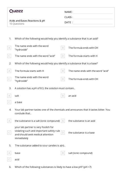 Acid Base Reactions Worksheets For Th Year On Quizizz Free