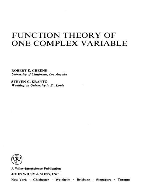 Function Theory Of One Complex Variable Robert E Greene Pdf