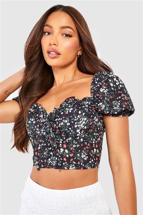 Black Tall Floral Lace Up Corset Style Crop Top Boohoo Uk