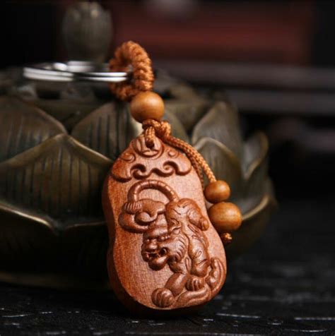 Asian Collection China Handcarved Wood Carving Tiger Pendant Key Chain