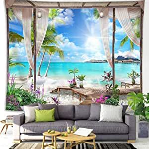 Amazon Qcwn Beach Decor Tapestry Ocean Sea Tropical Island Palm