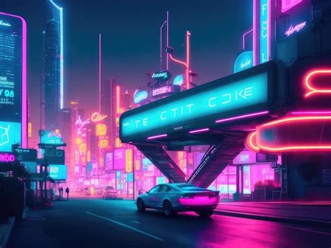 Premium AI Image Photo Futuristic Neon City With Billboard At Stree