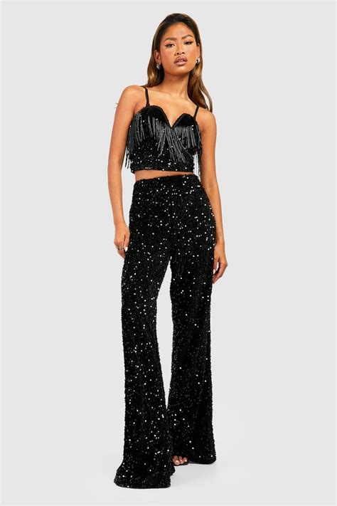 Velvet Sequin Wide Leg Trousers Boohoo Uk