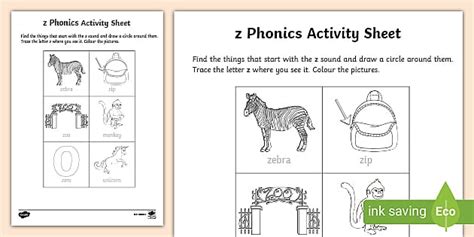 z Phonics worksheet- easy to download and print out.