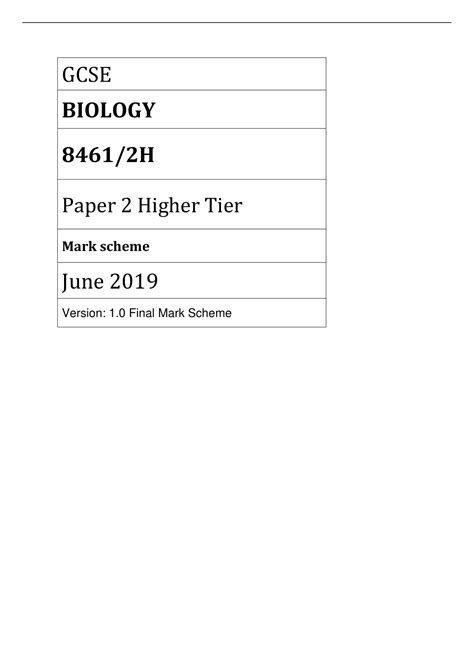 Aqa Gcse Biology H Paper Higher Tier Mark Scheme June