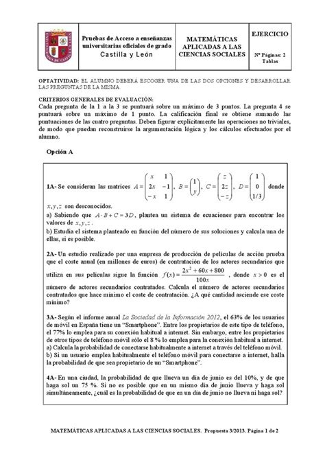 Examen De Selectividad Matem Ticas Ccss Castilla Y Le N Convocatoria