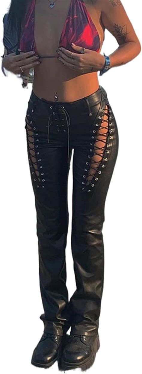 Amazon Women S Y2K Lace Up PU Leather Pants High Waist Drawstring