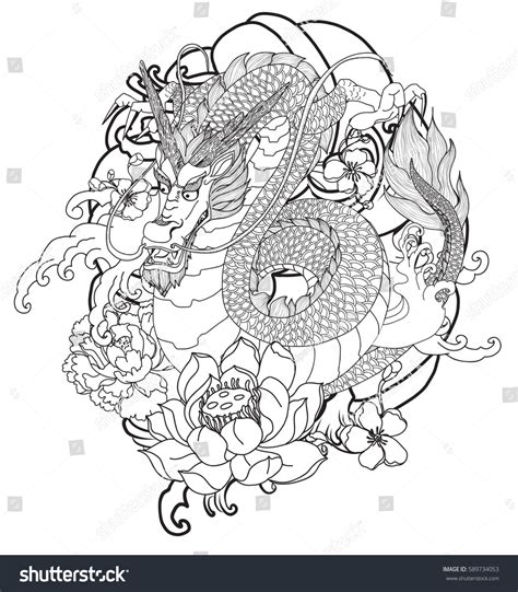 Hand Drawn Dragon Tattoo Coloring Book Japanese Royalty Free Stock Vector 589734053