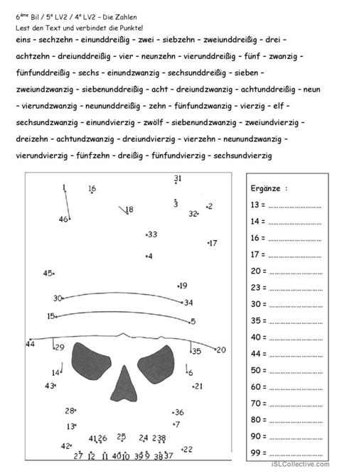 Verbinde Zahlen allgemeine Deutsch DAF Arbeitsblätter pdf doc