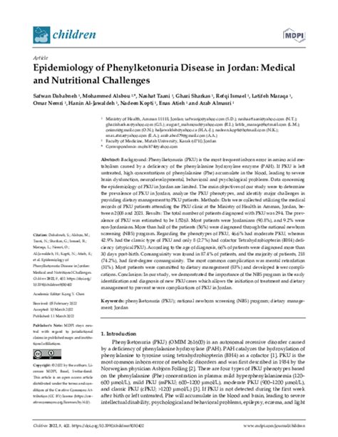 (PDF) Epidemiology of Phenylketonuria Disease in Jordan: Medical and Nutritional Challenges