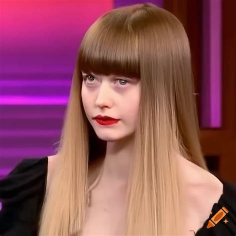 Mia Goth Getting Her Bangs Trimmed On A Talk Show On Craiyon