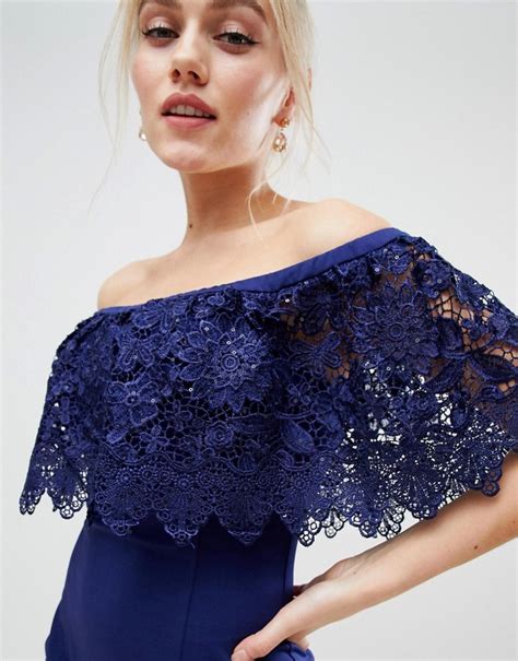 Paper Dolls Petite Lace Overlay Bardot Pencil Dress In Navy Shopstyle