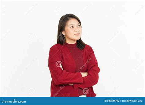 Fold Arms And Smiling Of Beautiful Asian Woman Wearing Red Shirt