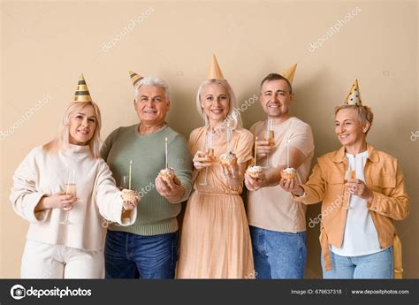 Mature People Tartlets Champagne Celebrating Birthday Beige Background
