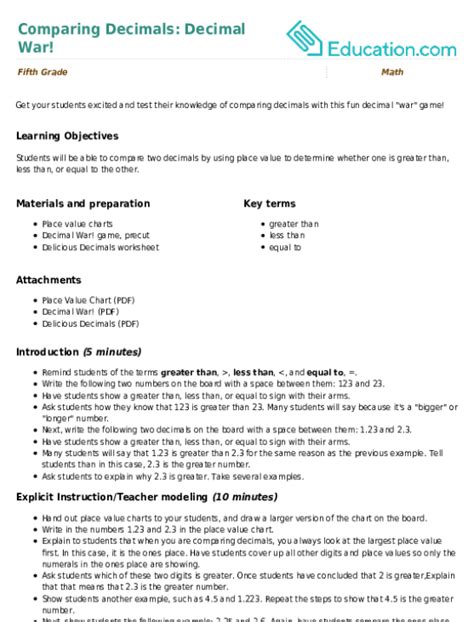 Comparing Decimals Decimal War Lesson Plan