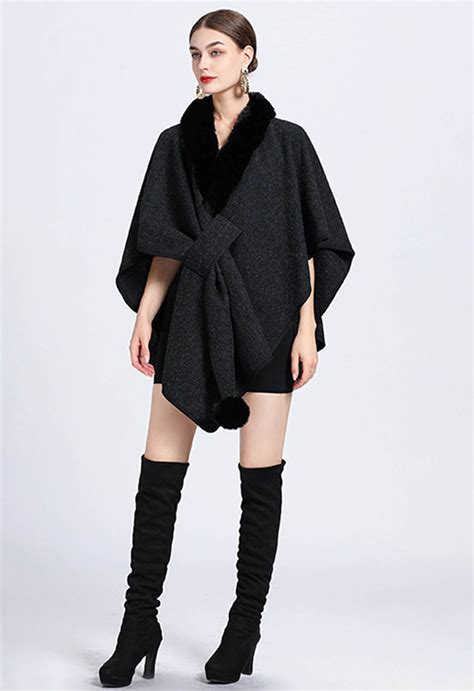 Faux Fur Collar Reversible Poncho In Black Retro Indie And Unique Fashion