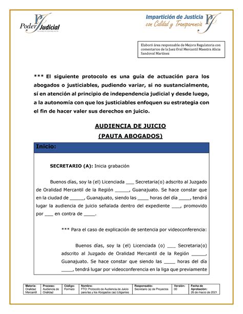 Protocolo De Audiencia De Juicio Jom Materia Oralidad Proceso