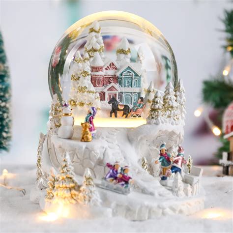 Christmas Village Snow Globe Musical Lighted Decoration Santa Reindeer Sled Battery Operated ...