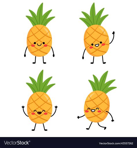 Set Cute Cartoon Characters Pineapples Royalty Free Vector