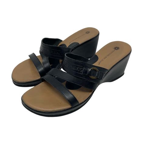 Montego Bay Club Leather Wedge Sandals Black Women Open Toe Comfort