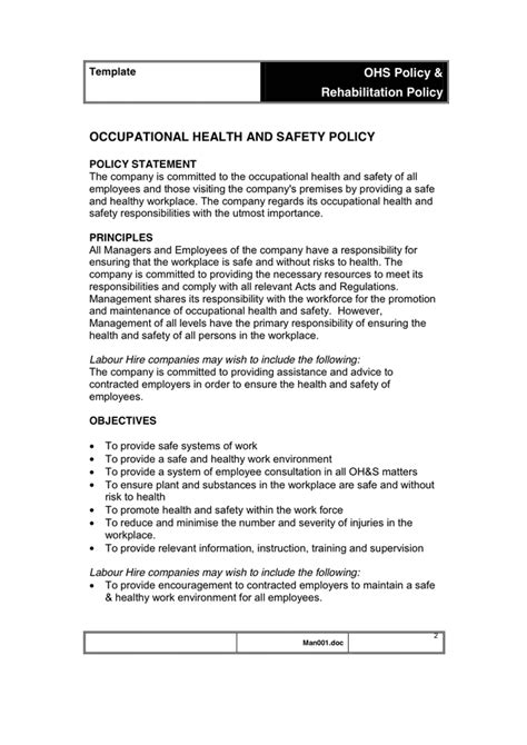 Occupational Health And Safety Policy In Word And Pdf Formats Page Of