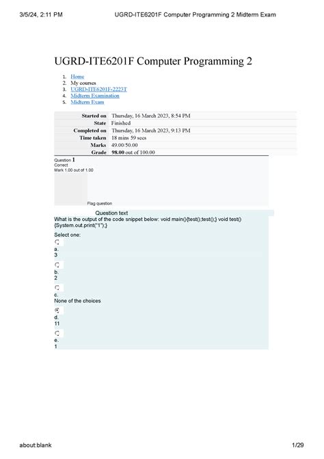 UGRD ITE6201F Computer Programming 2 Midterm Exam UGRD ITE6201F