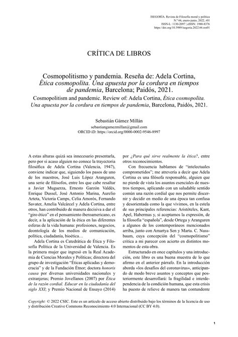 Pdf Cosmopolitismo Y Pandemia Rese A De Adela Cortina Tica