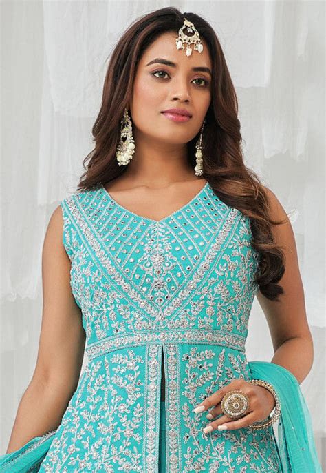 Embroidered Georgette Lehenga In Turquoise Lyc