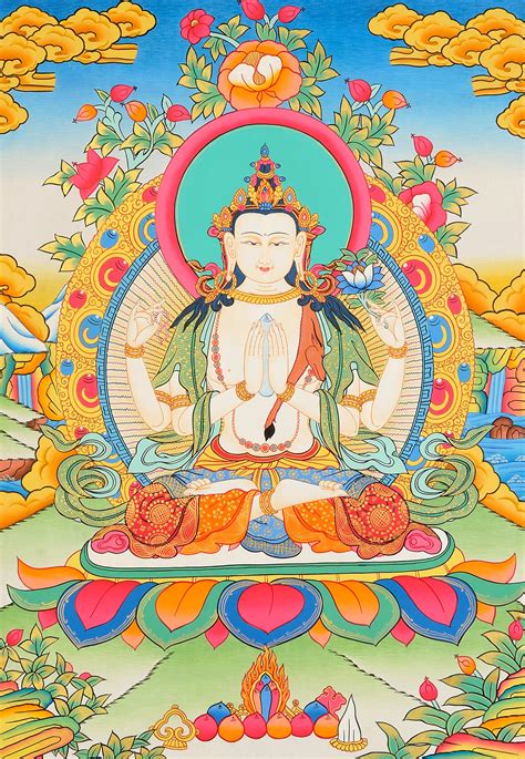 Fine Thangka Of Tibetan Buddhist Deity Chenrezig Four Armed