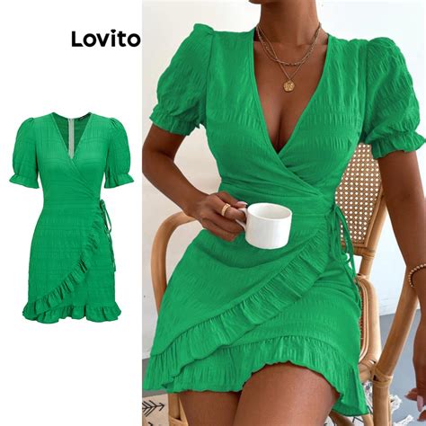 Lovito Vestido Casual Simples Babados Para Mulheres Lbe Verde