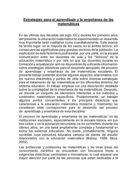 Estrategias Para El Aprendizaje Y La Ense Anza De Las Matem Ticas Pdf