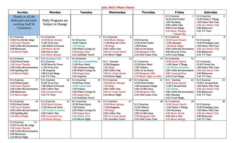 Activity Calendar July 2022 Kiwanis Care Centre